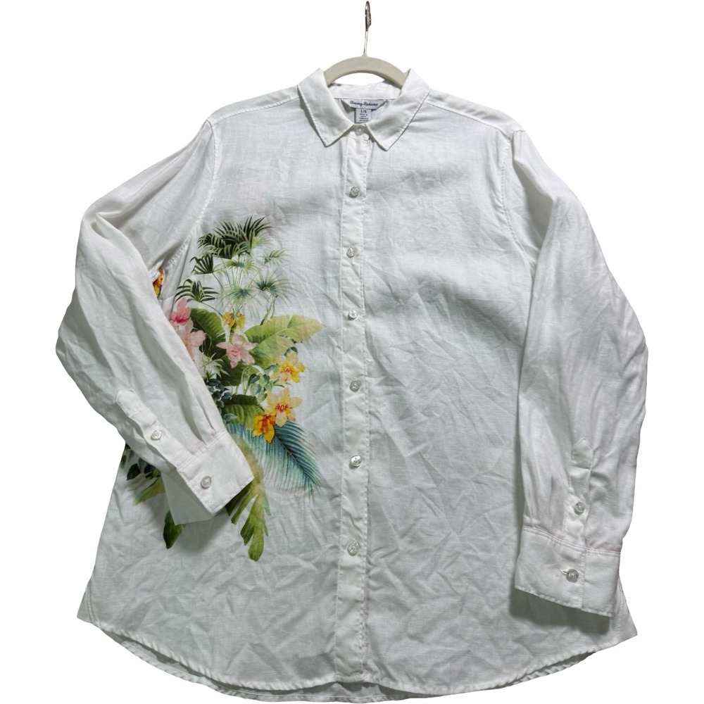 Tommy Bahama Women's L White Linen Tropical Floral Button Up Long Sleeve Shirt